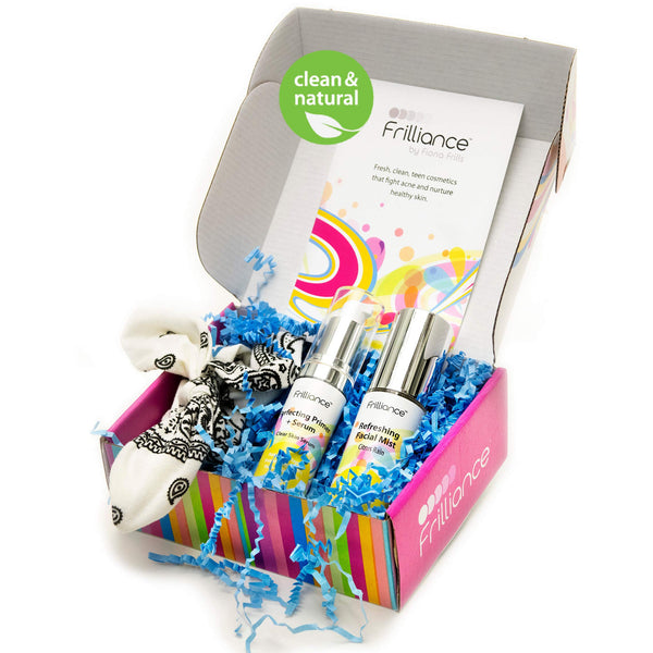 Frilliance Teen Clear Skin Gift Set Beauty Bundle, Vegan Cruelty-Free Hypo-Allergenic Primer & Serum, Face Mist, and Bandana