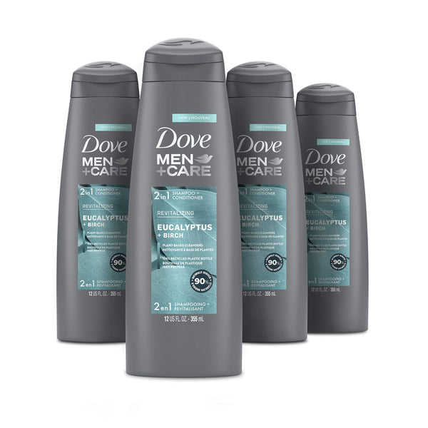DOVE MEN + CARE 2 in 1 Shampoo & Conditioner For Healthy-Looking Hair Eucalyptus & Birch Naturally Derived Plant Based Cleansers, 12 oz, 4 Count