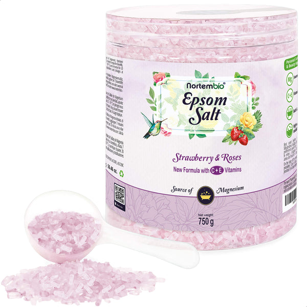 Nortembio Epsom Salt 750 g. New Strawberry and Rose Fragrance. Epsom Salts Hydrated with Vitamin C and E. Bath Salts and Personal Care. EBook Included.