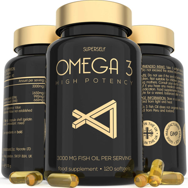 Fish Oil Omega 3 Capsules - High Strength 3000mg - 120 Softgel Capsules - Easy to Swallow & Burpless - Triple Potency DHA 660mg & EPA 990mg - UK Made Omega 3 Supplement - 1000mg Fish Oil per Tablet