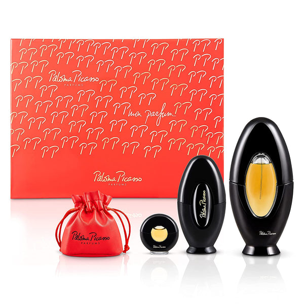 Paloma Picasso Mon Parfum Gift Set - Includes 3.4 oz EDP, 1 oz EDT, 0.16 oz Travel Size EDP, and Drawstring Bag - Bold and Powerful Scent with Natural, Floral, and Earthy Notes - 4-Piece Set