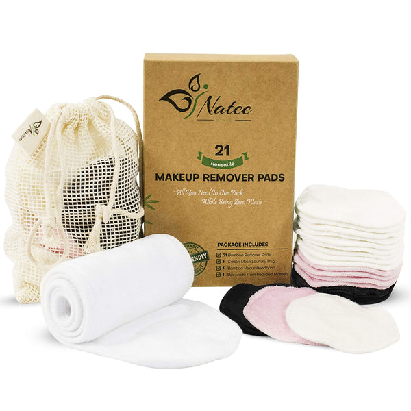 Reusable Make up Remover Pads | 21 Bamboo Reusable Cotton Pads with Velour Spa Headband & Laundry Bag | Washable Organic Bamboo Make Up Remover Pads | Zero Waste Eco-Friendly Natural Face & Skin Care