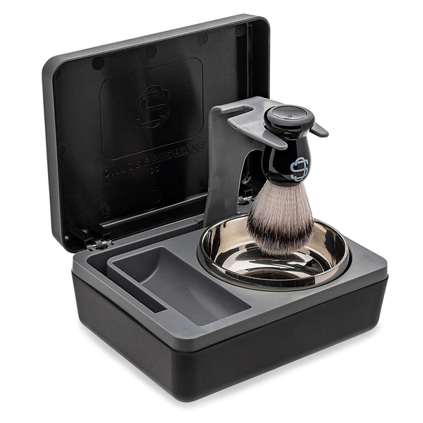 Caliber Shave Co. Travel Wet Shaving Kit | Includes Durable Case With Rotating Stand, Wet Shave Brush Made With Synthetic Material, And Aluminum Shave Bowl With Lid