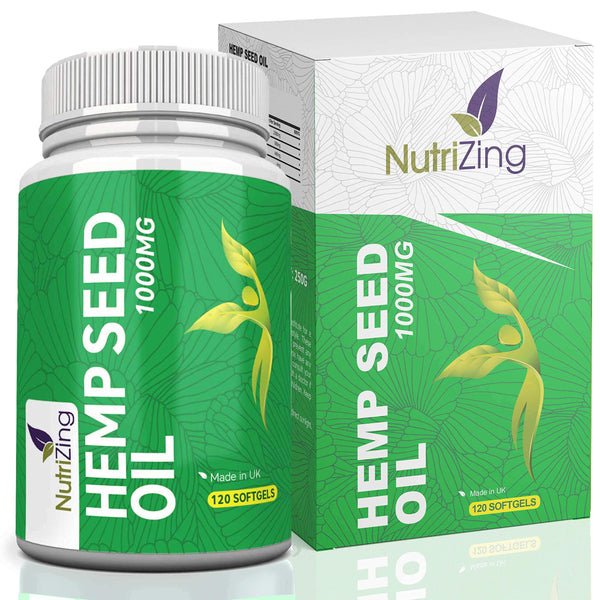 Premium Hemp Oil Supplement - 1000mg - Cold Pressed Hemp Capsules - Rich in Omega 3, Omega 6 & Vitamin E - New Formula by NutriZing - Supports Maintenance of Normal Blood Cholesterol