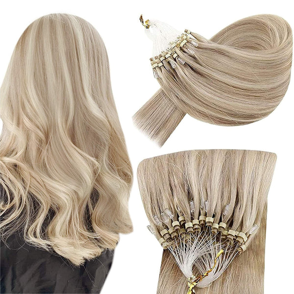 Hetto Micro Loop Hair Extensions 100% Remy Real Human Hair Blonde Pre Bonded Micro Ring Beads Invisible Hair Extensions Straight Highlight Colour #17/23 50g 50Strands 18Inch