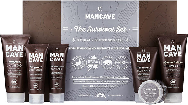 ManCave Survival Gift Set, 6 Natural Grooming Essentials, For Men