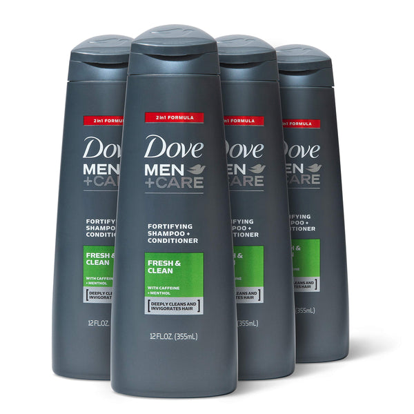 Dove Men+Care Fortifying 2 in 1 Shampoo and Conditioner for Normal to Oily Hair Fresh and Clean with Caffeine Helps Strengthen Thinning Hair 12 oz, 4 Count