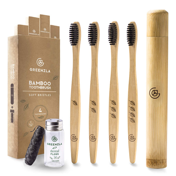 Greenzla Bamboo Toothbrush (4 Pack) with Travel Toothbrush Case & Charcoal Dental Floss | Natural Eco Friendly Toothbrushes for Adults | BPA Free , Soft Bristles & Biodegradable Wooden Toothbrush