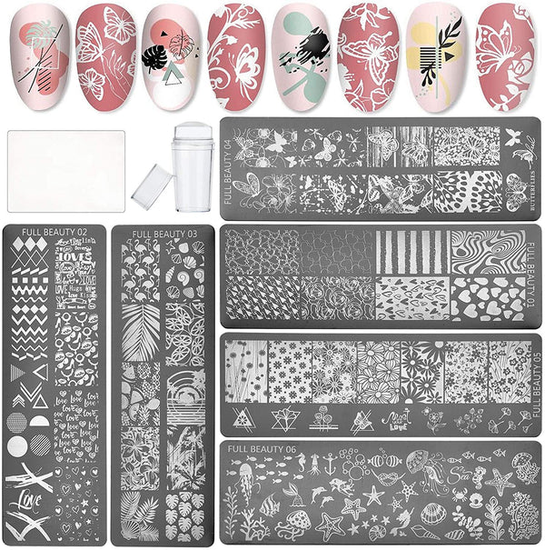 NICENEEDED 8Pcs Nail Stamping Tools Kit, Nail Art Plate Kit Included 8Pcs Nail Art Stamping and Nail Plate Stamper Nail Scraper with Flower Marine Geometric Leaves Image Plates for DIY Nail Decoration